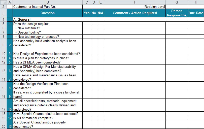 Apqp Checklists In Excel Compatible With Aiag Apqp Th Ed