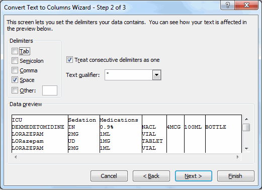 convert text to columns wizard space delimiter