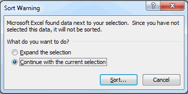 sort warning prompt in Excel