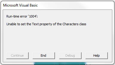 Error 1004: Unable to Set text property of the Characters class