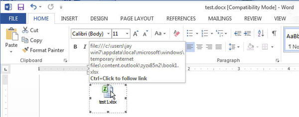 Link to Excel file in Word